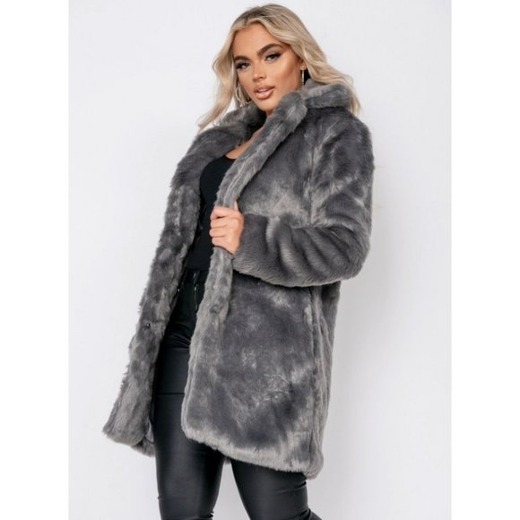 Gray Faux Fur Long Sleeve Collared Midi Coat - Picture 11 of 15